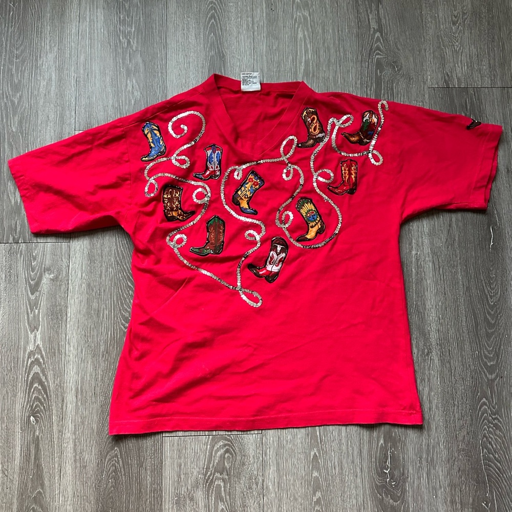 Red Women’s Cowgirl T-Shirt with Boot and Payette Design XL